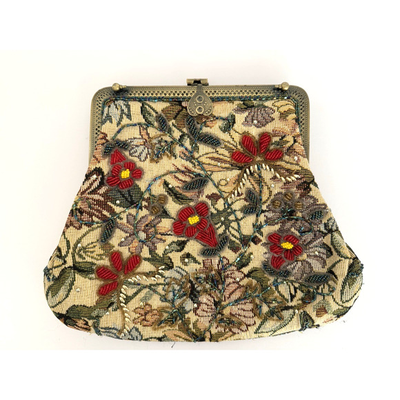 Vintage Clutch Shoulder Bag Beaded Tapestry Brass Clasp Gold Green Red Floral - Picture 1 of 16